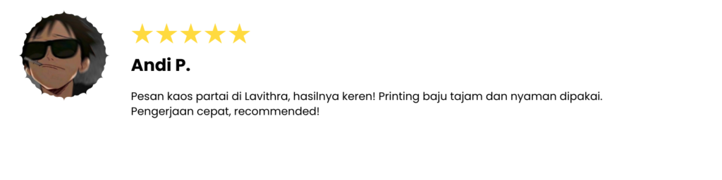Pesan kaos partai di Lavithra, hasilnya keren! Printing baju tajam dan nyaman dipakai. Pengerjaan cepat, recommended!