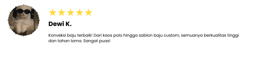 Konveksi baju terbaik! Dari kaos polo hingga sablon baju custom, semuanya berkualitas tinggi dan tahan lama. Sangat puas!