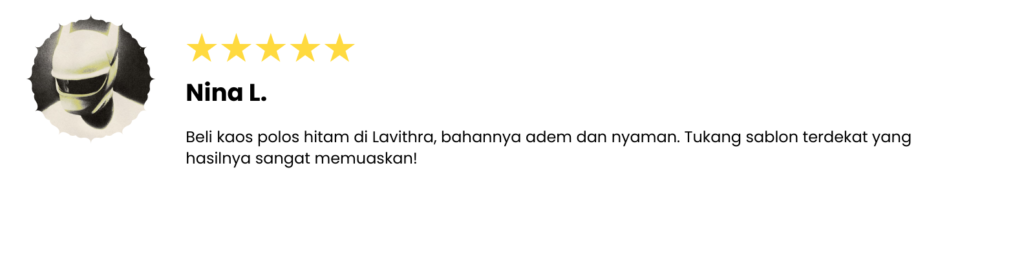 Beli kaos polos hitam di Lavithra, bahannya adem dan nyaman. Tukang sablon terdekat yang hasilnya sangat memuaskan!