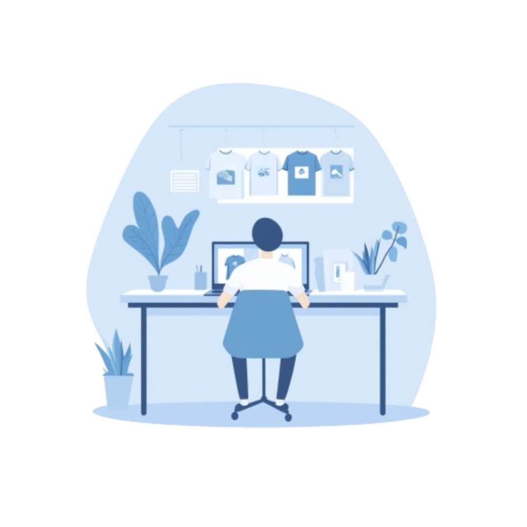 Ikon ilustrasi orang di depan laptop dan teks "Order From Anywhere", menggambarkan kemudahan pemesanan online.