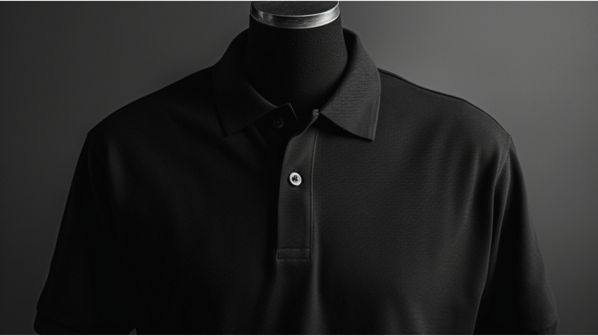 Manekin dengan polo shirt hitam, menyoroti produk premium polo shirt dari Lavithra.