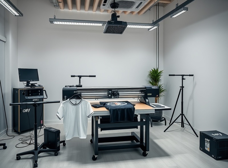 Peralatan lengkap untuk jasa sablon kaos custom, termasuk mesin cetak dan komputer
