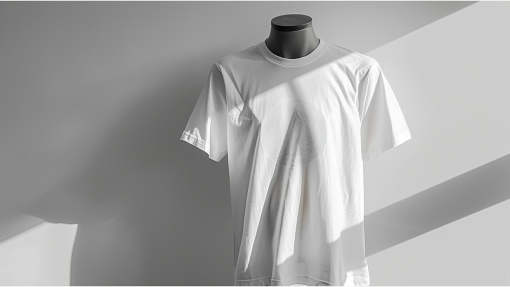 Kaos putih polos di manekin, menyoroti layanan sablon manual, cetak digital, satuan, dan partai dari Lavithra.