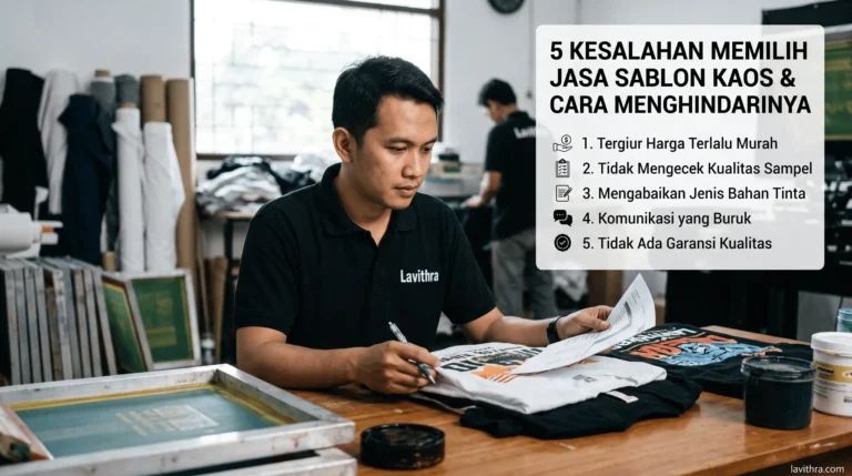 Pria berkaos polo hitam dengan logo Lavithra sedang mengecek lembar pesanan kaos sablon di bengkel kerja konveksi, dilengkapi teks poin 5 kesalahan memilih jasa sablon kaos.