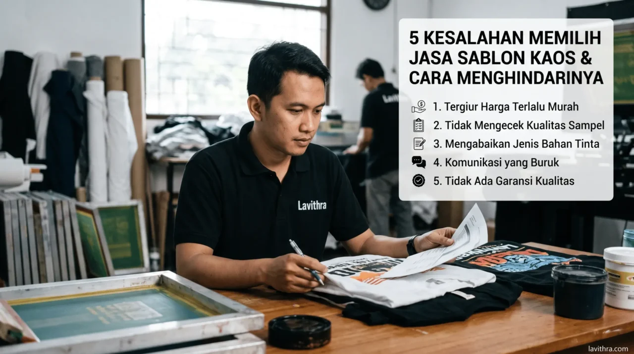 Pria berkaos polo hitam dengan logo Lavithra sedang mengecek lembar pesanan kaos sablon di bengkel kerja konveksi, dilengkapi teks poin 5 kesalahan memilih jasa sablon kaos.