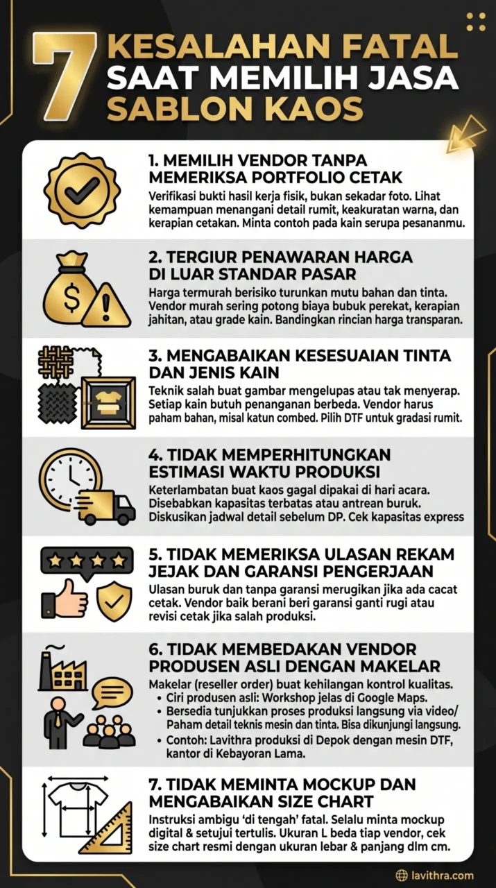 Infografis panduan mengenai 7 kesalahan fatal saat memilih jasa sablon kaos, mulai dari mengabaikan portofolio cetak, tergiur harga murah, salah memilih tinta dan bahan kain, tidak memperhitungkan estimasi waktu, mengabaikan garansi dan ulasan, terjebak makelar (reseller), hingga tidak meminta mockup serta size chart resmi.