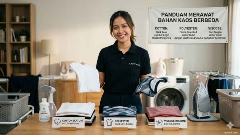 Panduan Merawat Bahan Kaos Berbeda: Cotton, Polyester, hingga Viscose 1 Karyawan wanita Lavithra menunjukkan panduan merawat bahan kaos berbeda seperti katun, poliester, dan viskosa
