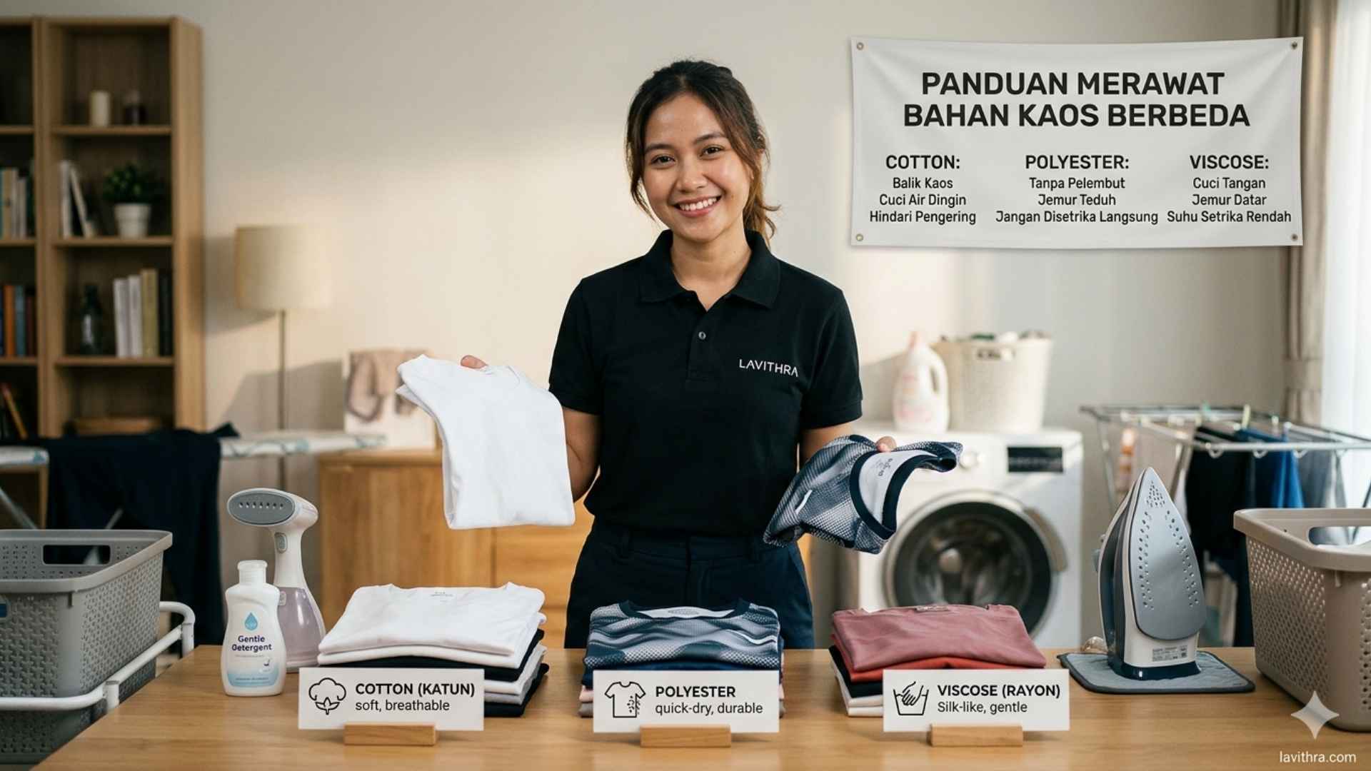 Karyawan wanita Lavithra menunjukkan panduan merawat bahan kaos berbeda seperti katun, poliester, dan viskosa