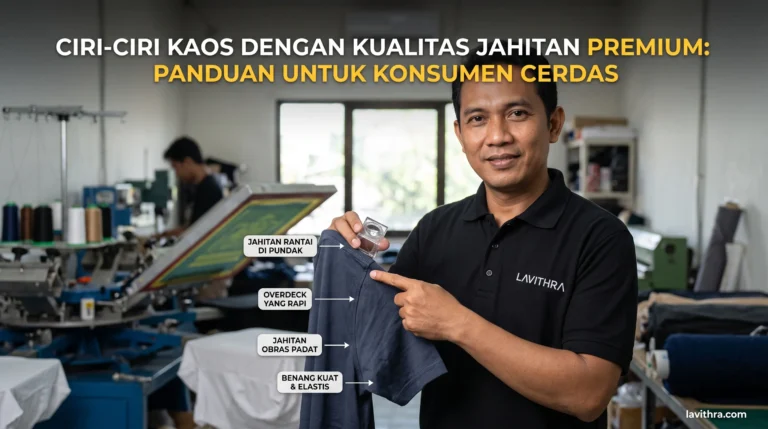 Seorang pria dari Lavithra di dalam workshop sablon menunjuk ke bagian ketiak kaos untuk menunjukkan ciri-ciri jahitan premium, dengan label yang menyoroti jahitan rantai di pundak, overdeck yang rapi, obras padat, serta benang yang kuat dan elastis.