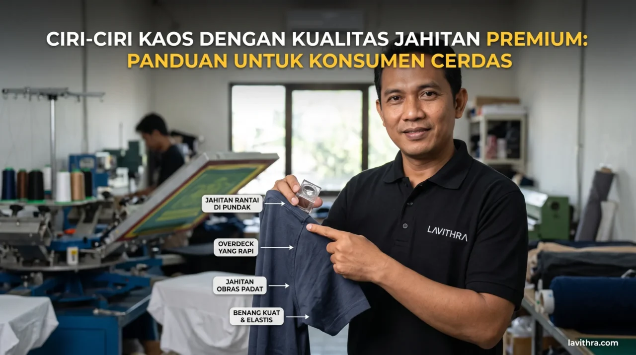 Seorang pria dari Lavithra di dalam workshop sablon menunjuk ke bagian ketiak kaos untuk menunjukkan ciri-ciri jahitan premium, dengan label yang menyoroti jahitan rantai di pundak, overdeck yang rapi, obras padat, serta benang yang kuat dan elastis.
