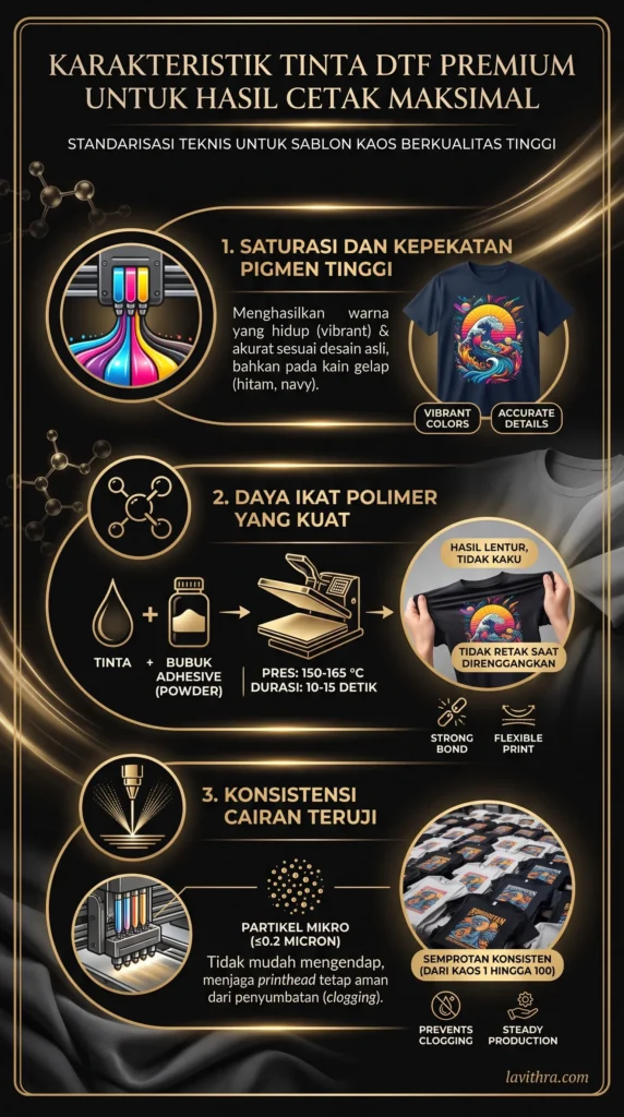 Infografis premium berwarna hitam dan emas yang menjelaskan tiga karakteristik teknis tinta DTF berkualitas tinggi: 1. Saturasi dan Kepekatan Pigmen Tinggi untuk warna vibrant pada kain gelap, 2. Daya Ikat Polimer yang Kuat (Pres 150–165 °C) agar hasil lentur dan tidak retak saat diregangkan, 3. Konsistensi Cairan Teruji dengan partikel mikro untuk mencegah printhead tersumbat dan menjaga semprotan tetap stabil. Di pojok kanan bawah terdapat teks kecil lavithra.com.