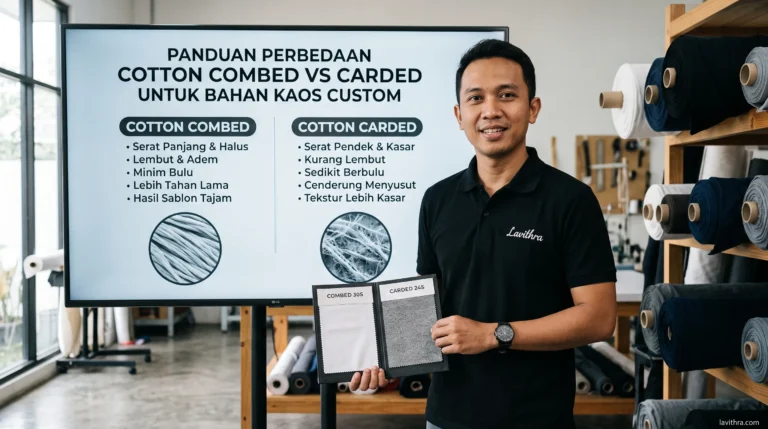 Pria Indonesia mengenakan polo shirt hitam Lavithra memegang sampel kain di depan layar presentasi panduan perbedaan bahan kaos Cotton Combed vs Carded.