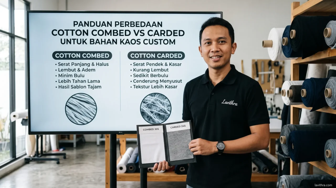 Pria Indonesia mengenakan polo shirt hitam Lavithra memegang sampel kain di depan layar presentasi panduan perbedaan bahan kaos Cotton Combed vs Carded.