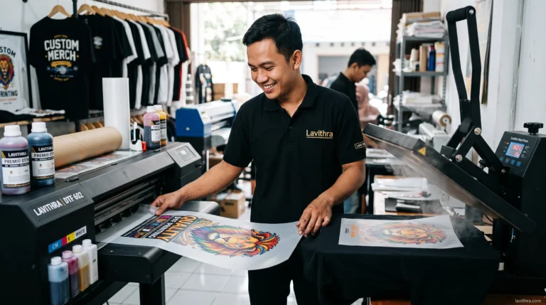 Seorang staf Lavithra dengan polo shirt hitam berlogo sedang memegang lembaran film hasil cetakan tinta sablon DTF premium berwarna tajam (desain singa) dari mesin printer DTF 602, dengan mesin heat press di sebelah kanan siap untuk merekatkan desain ke kaos.