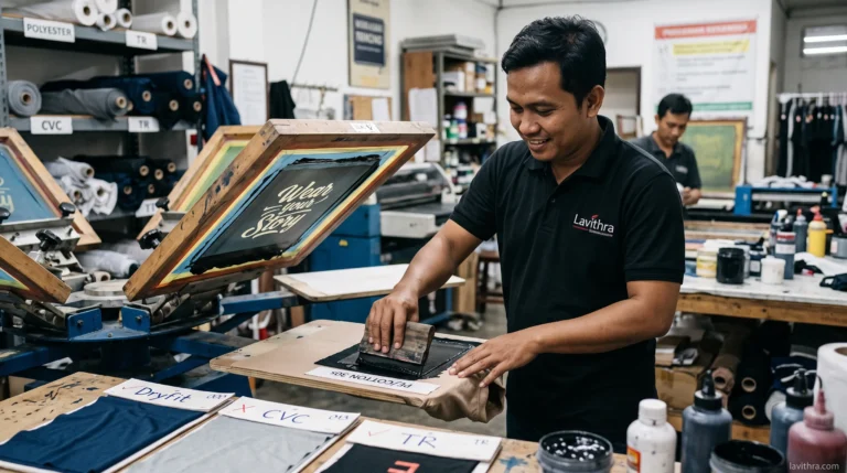 Proses penyablonan manual pada bahan kaos polyester dan campurannya oleh operator Lavithra berkaos polo hitam di meja sablon workshop.