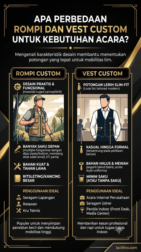 Bikin Rompi & Vest Custom untuk Event: Panduan Bahan dan Cetak Logo Rapi 2 Tabel infografis perbedaan rompi custom banyak saku dan vest custom slim-fit untuk kebutuhan seragam event.