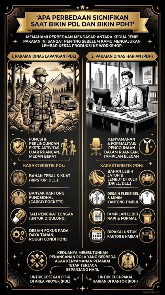 Konveksi Seragam Kerja Custom PDL & PDH 2 Infografis perbandingan Pakaian Dinas Lapangan (PDL) dan Pakaian Dinas Harian (PDH). Sisi kiri menampilkan prajurit di lapangan dengan karakteristik PDL (bahan tebal, kargo), sisi kanan menampilkan staf kantor dengan karakteristik PDH (bahan jatuh, formal). Skema warna hitam dan emas dengan teks utama "Apa Perbedaan Signifikan Saat Bikin PDL dan Bikin PDH?".