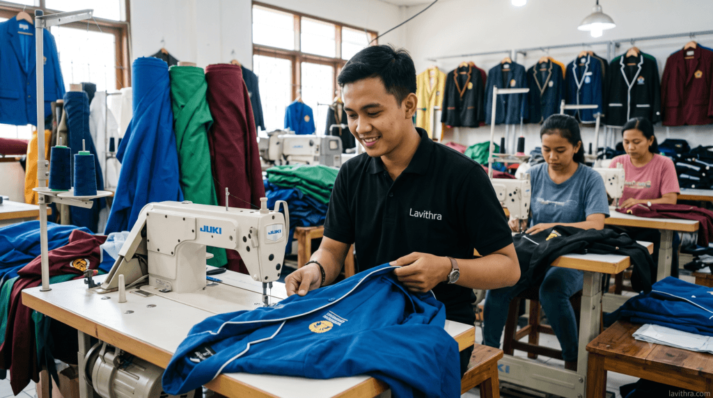 Seorang penjahit pria dari konveksi Lavithra sedang menjahit jaket almamater biru di sebuah mesin jahit industri, dikelilingi gulungan kain dan penjahit lain di pabrik garment