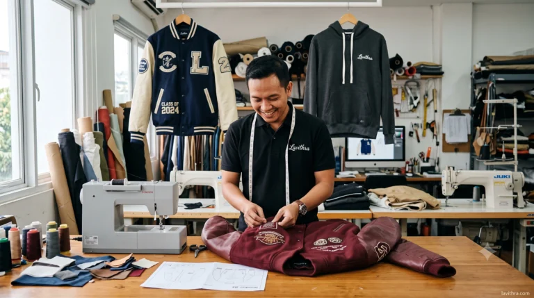 Bikin Jaket Custom Bomber, Varsity, & Hoodie di Lavithra 5 Proses produksi jaket custom di Lavithra, Jakarta, Indonesia