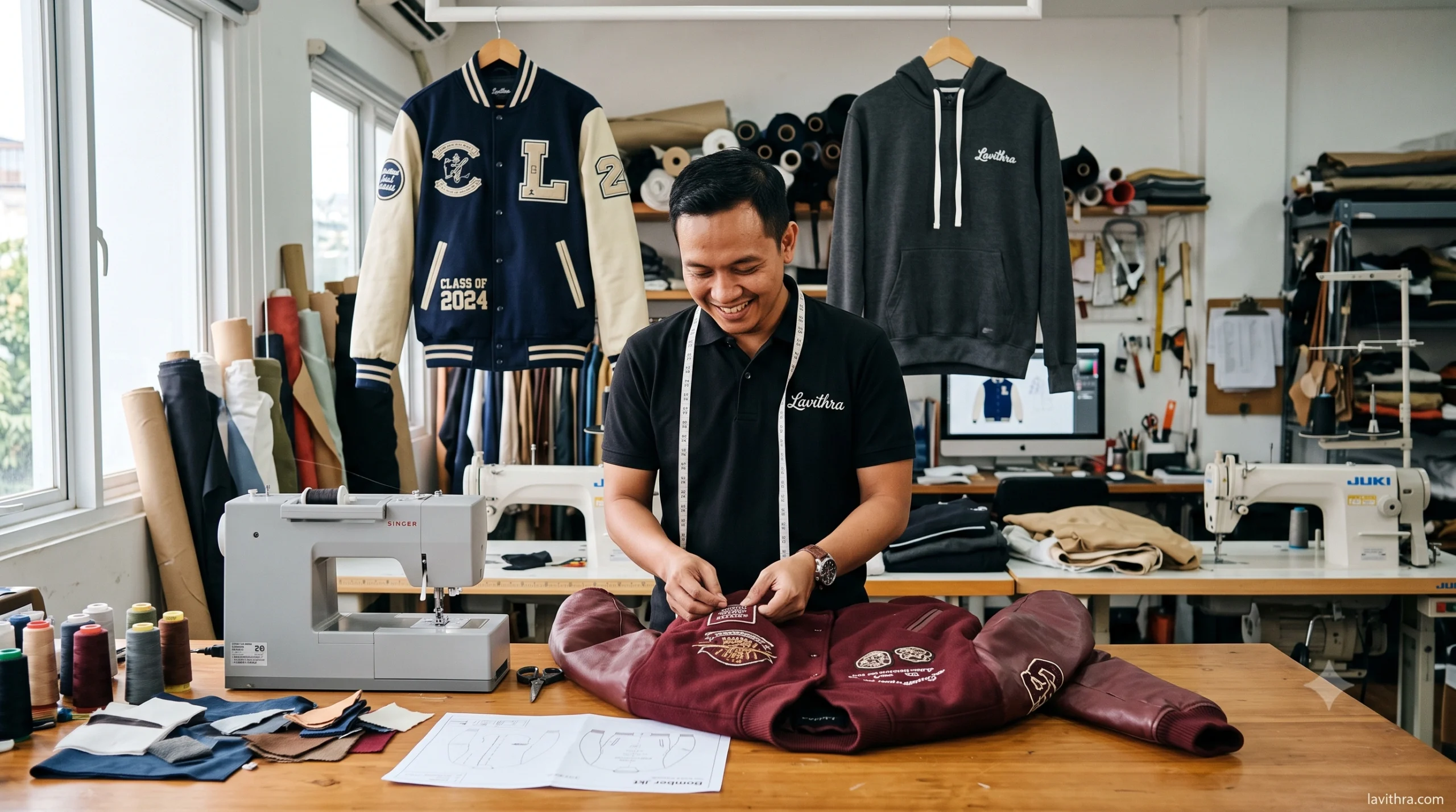 Proses produksi jaket custom di Lavithra, Jakarta, Indonesia