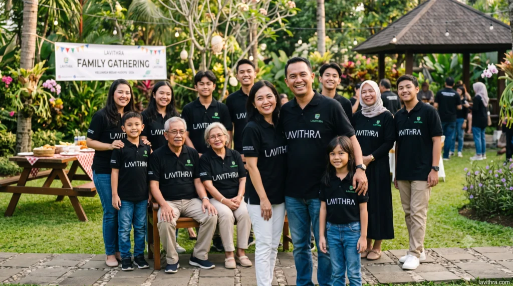 Sekelompok besar anggota keluarga lintas generasi berfoto bersama dengan ceria di taman, semuanya mengenakan kaos polo hitam seragam bertuliskan "LAVITHRA" dalam acara family gathering.