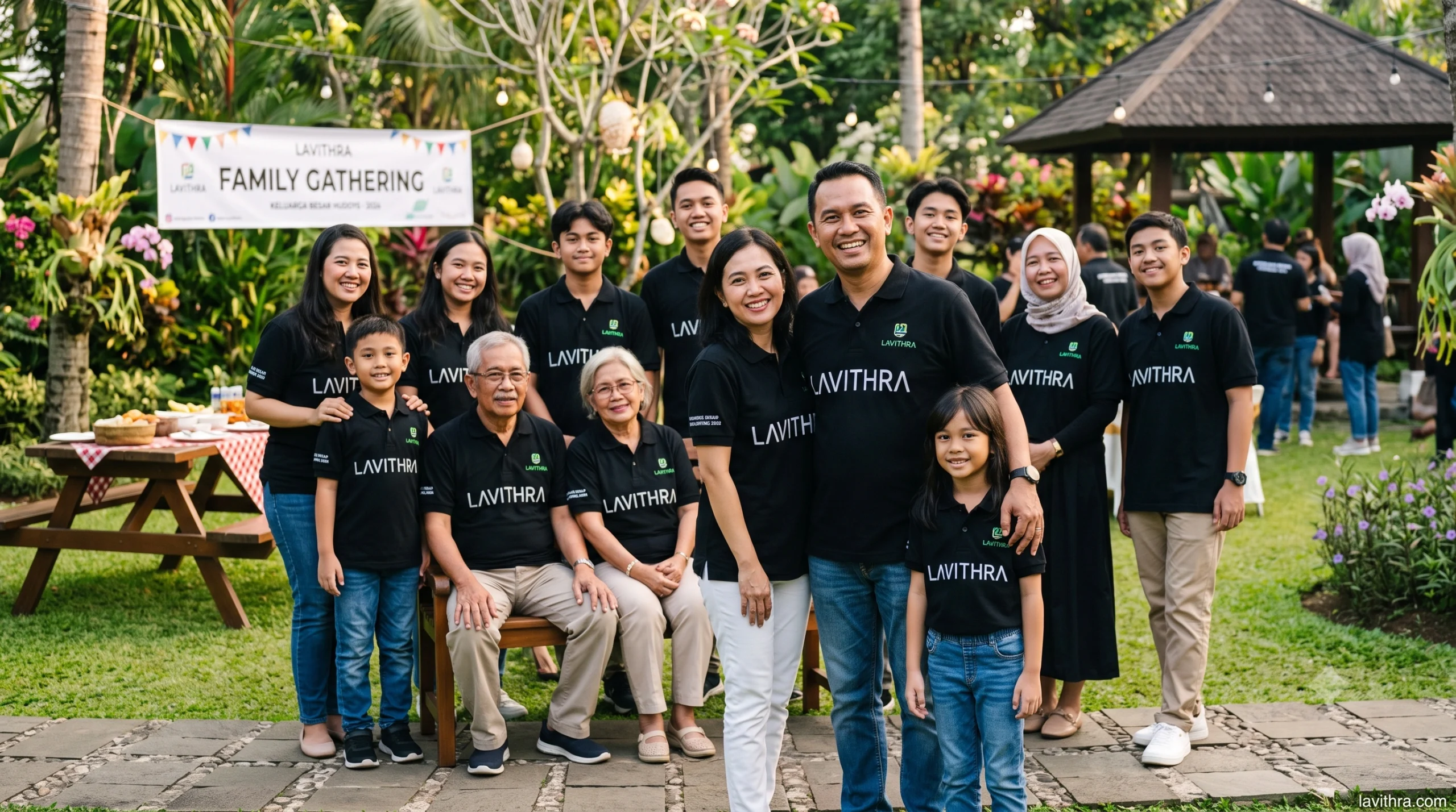 Sekelompok besar anggota keluarga lintas generasi berfoto bersama dengan ceria di taman, semuanya mengenakan kaos polo hitam seragam bertuliskan "LAVITHRA" dalam acara family gathering.