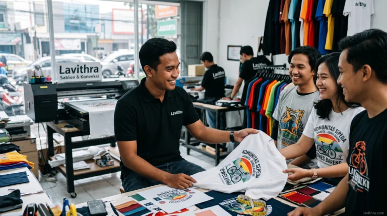 Staf Lavithra Konveksi menunjukkan contoh kaos sablon DTF berkualitas kepada pelanggan di workshop Jakarta.