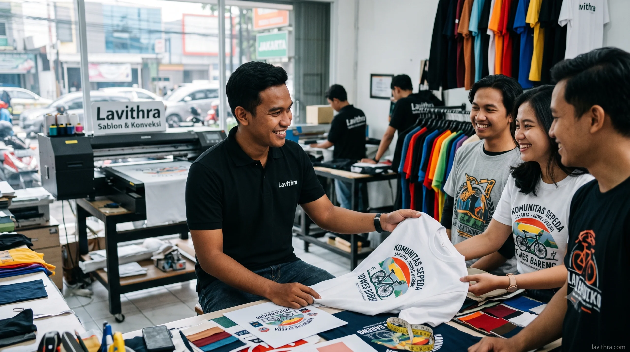 Staf Lavithra Konveksi menunjukkan contoh kaos sablon DTF berkualitas kepada pelanggan di workshop Jakarta.