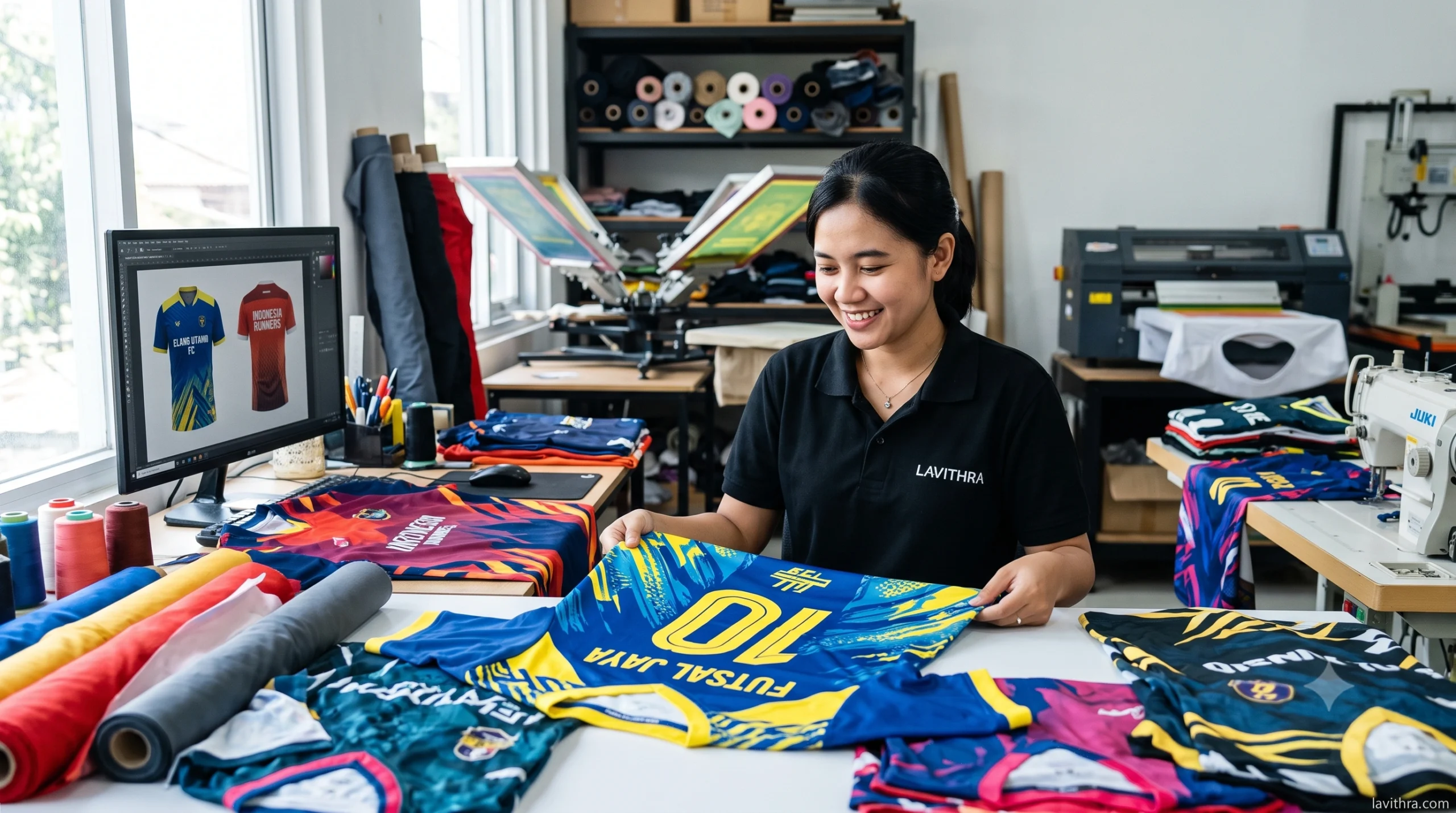 Pegawai wanita Lavithra mengenakan polo shirt hitam sedang merapikan jersey tim futsal kustom dengan nomor punggung 10 di meja kerja, di dalam studio workshop yang penuh dengan peralatan konveksi dan mesin cetak.