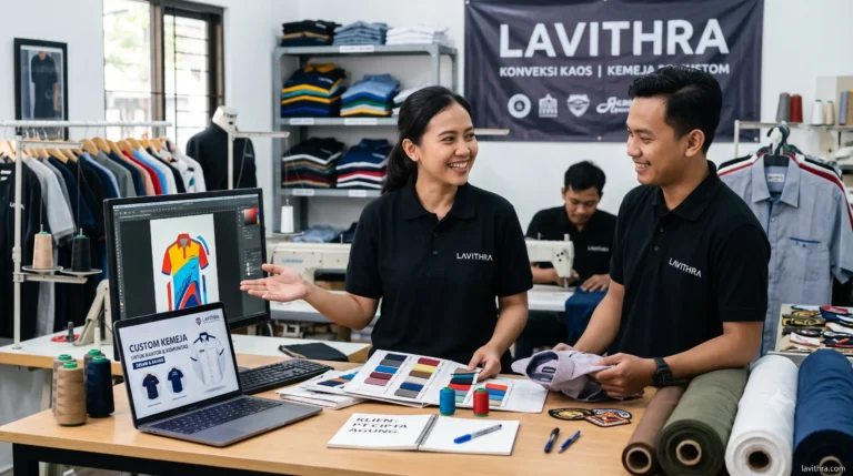 Rekomendasi Tempat Bikin Kemeja Custom Kantor & Komunitas 8 Tim konveksi Lavithra sedang melayani konsultasi desain kemeja custom untuk seragam kantor dan komunitas.