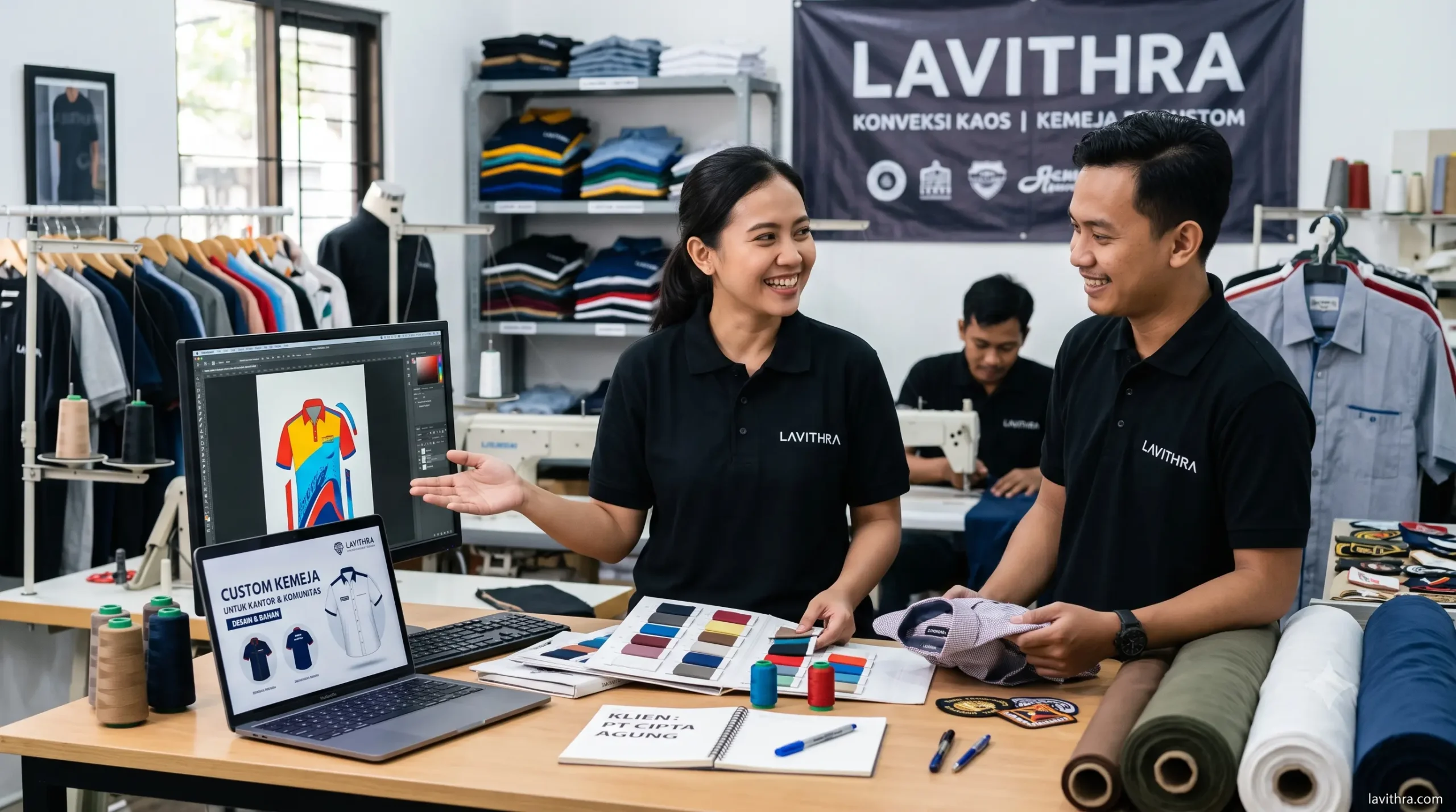 Rekomendasi Tempat Bikin Kemeja Custom Kantor & Komunitas 1 Tim konveksi Lavithra sedang melayani konsultasi desain kemeja custom untuk seragam kantor dan komunitas.