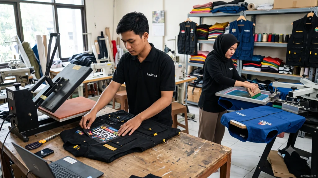 Produksi rompi dan vest custom untuk event, tanpa minimal order di Lavithra.