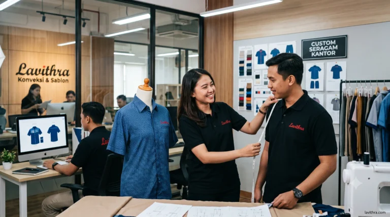 Bikin Seragam Kantor Custom yang Profesional 10 Staf Lavithra sedang melakukan pengukuran (fitting) pada model pria yang mengenakan polo shirt hitam di workshop konveksi yang modern, untuk pembuatan seragam kantor custom profesional.