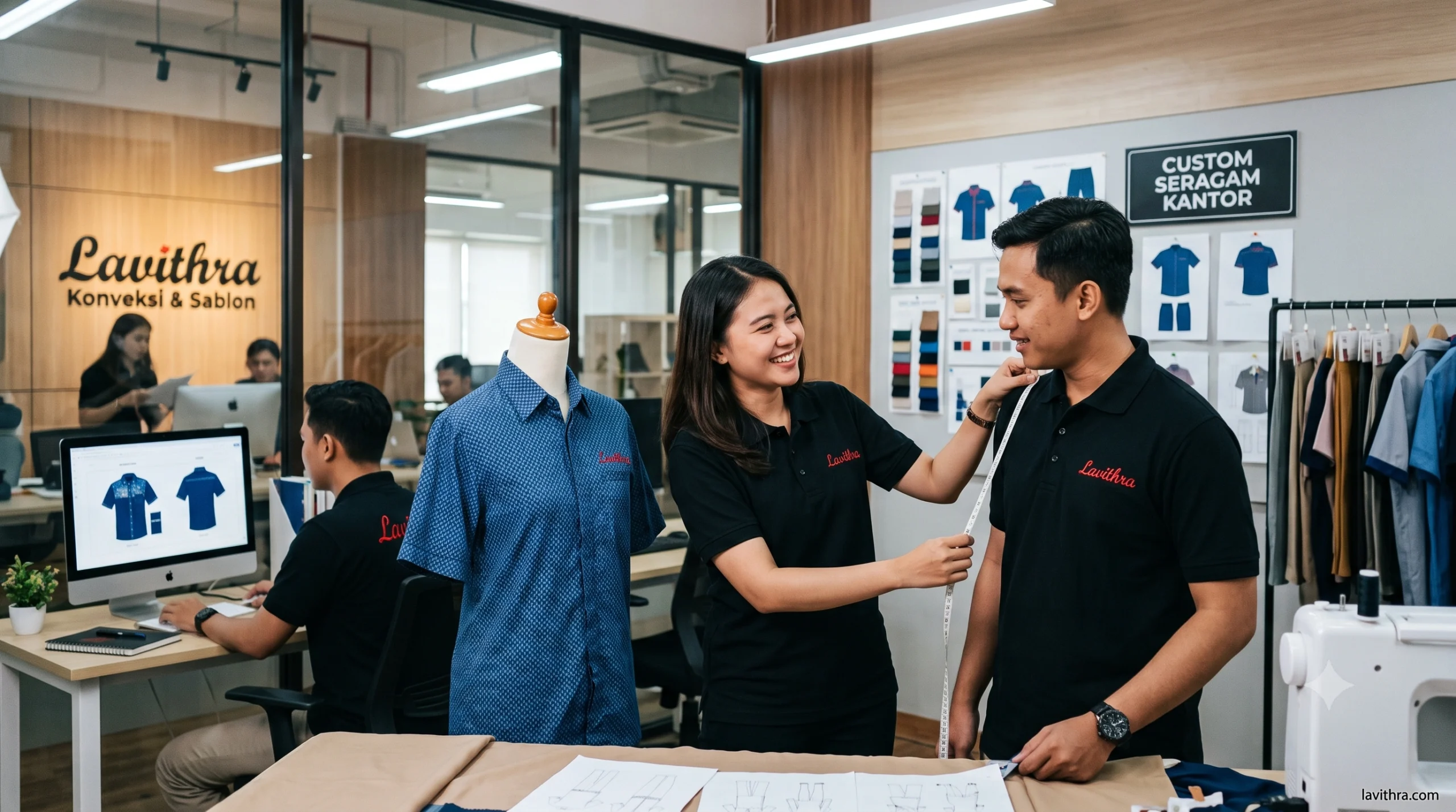 Bikin Seragam Kantor Custom yang Profesional 1 Staf Lavithra sedang melakukan pengukuran (fitting) pada model pria yang mengenakan polo shirt hitam di workshop konveksi yang modern, untuk pembuatan seragam kantor custom profesional.