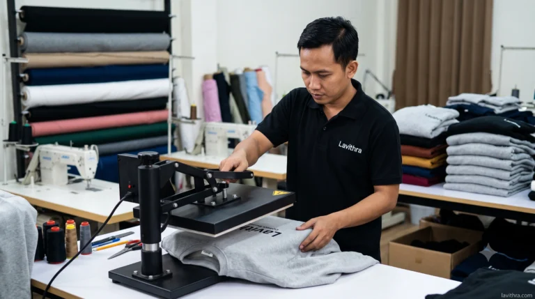 Bikin Sweater Custom Bahan Cotton Fleece Premium di Lavithra 3 Pekerja konveksi Lavithra sedang memproses sablon DTF pada sweater custom cotton fleece menggunakan mesin heat press.