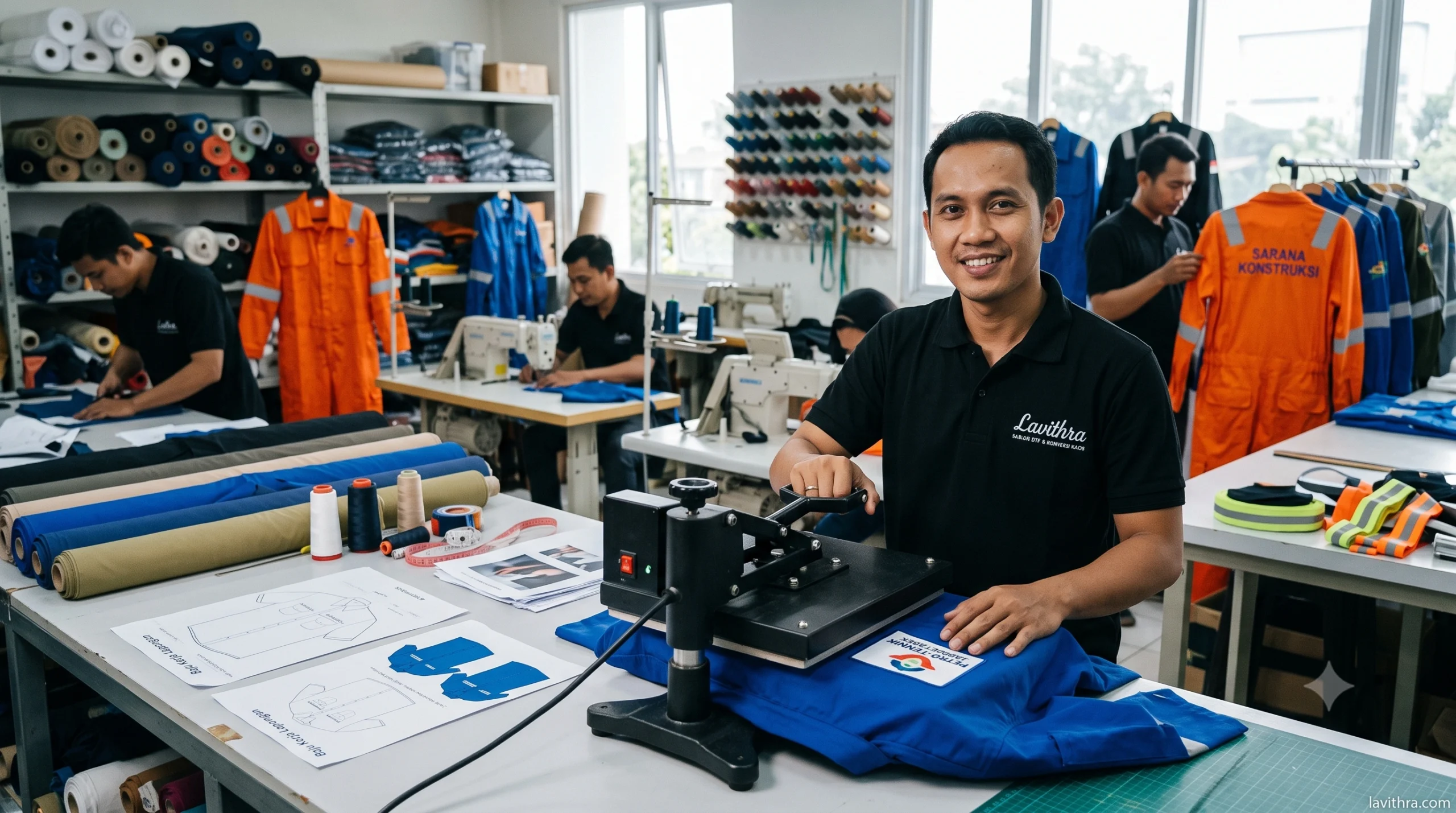 Pria bekerja di workshop konveksi Lavithra membuat wearpack custom dengan mesin heat press di Jakarta.
