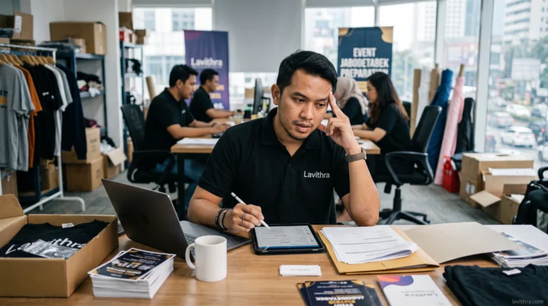 Seorang staf pria dari Lavithra dengan ekspresi berpikir sedang menyusun rencana produksi kaos event di area workshop konveksi.