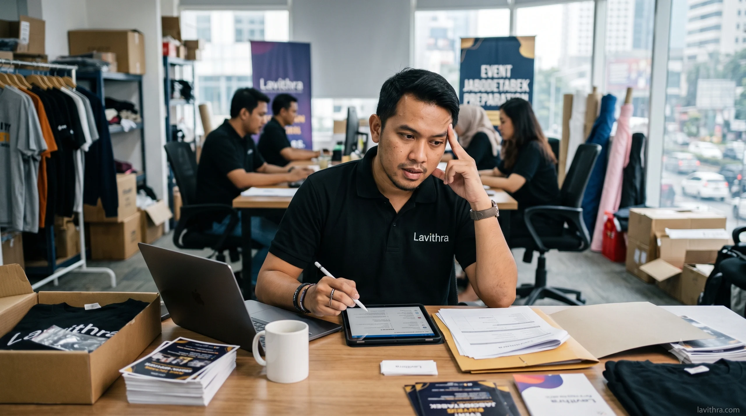 Seorang staf pria dari Lavithra dengan ekspresi berpikir sedang menyusun rencana produksi kaos event di area workshop konveksi.