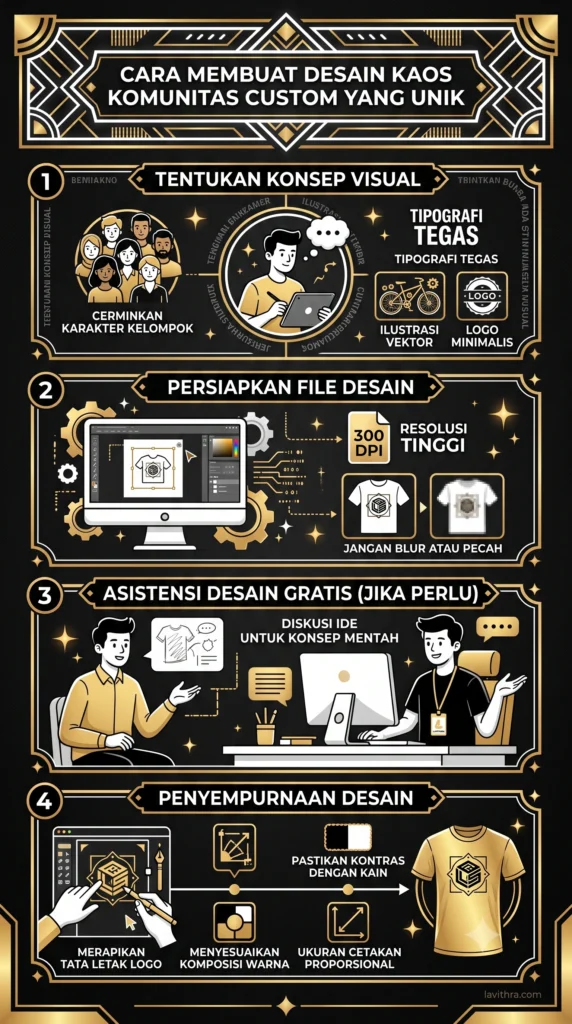 Infografis panduan cara membuat desain kaos komunitas custom yang unik dan profesional dengan asistensi gratis Lavithra.