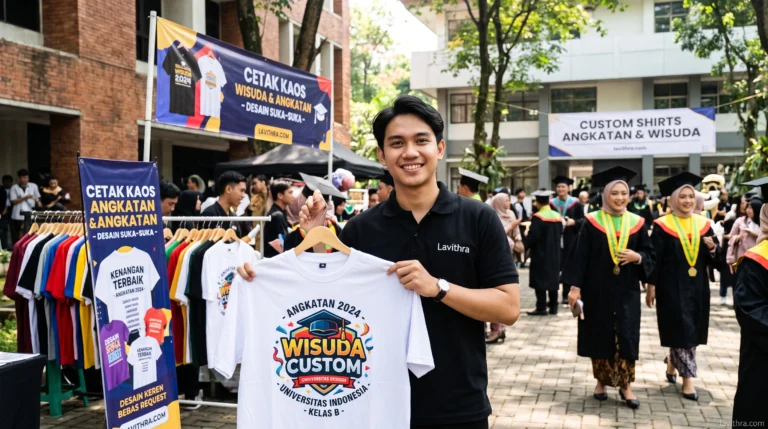Pria mengenakan polo shirt Lavithra memegang contoh kaos wisuda custom Universitas Indonesia di acara kelulusan.