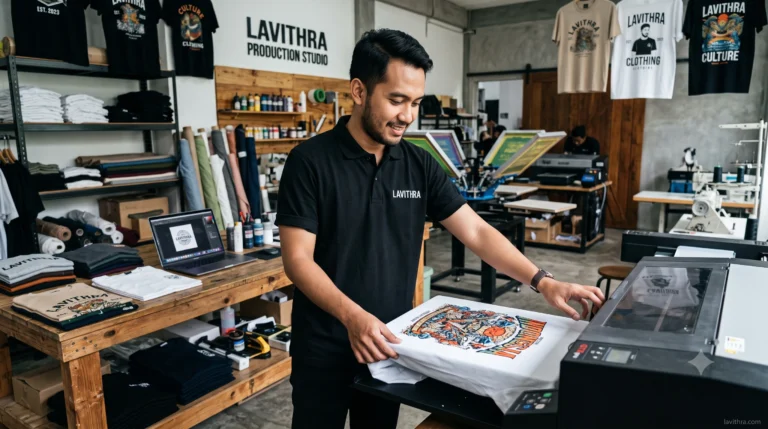 Konveksi Kaos Distro Custom Premium untuk Clothing Line Kamu 7 Staf Lavithra mengoperasikan mesin cetak kaos premium dengan desain grafis berwarna di workshop clothing line.