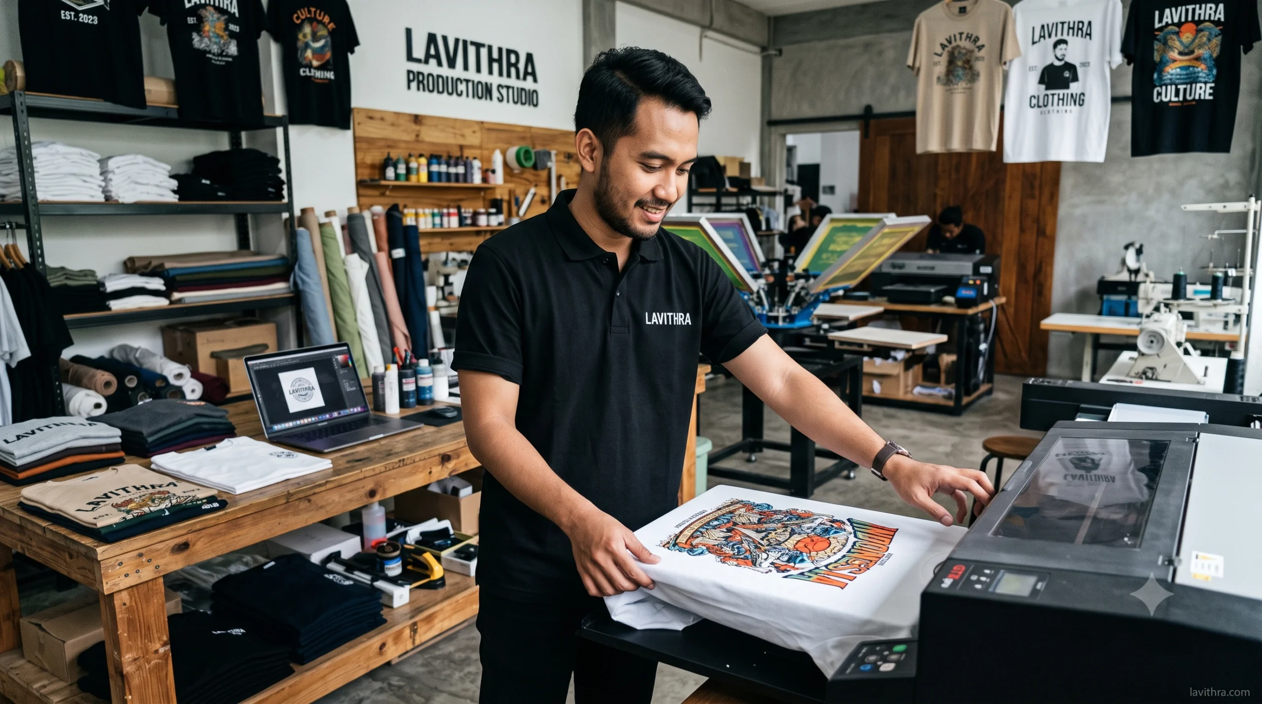 Konveksi Kaos Distro Custom Premium untuk Clothing Line Kamu 1 Staf Lavithra mengoperasikan mesin cetak kaos premium dengan desain grafis berwarna di workshop clothing line.