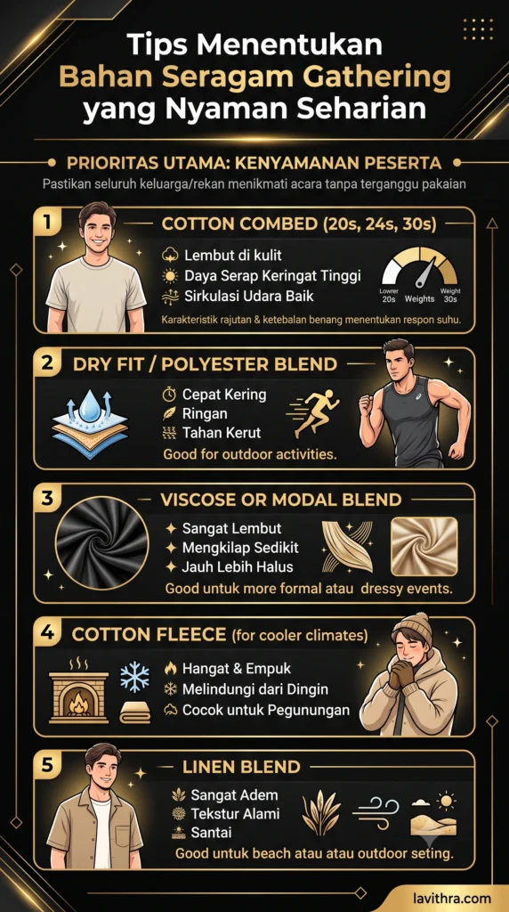 Infografis panduan memilih bahan seragam gathering dari Lavithra. Menampilkan lima jenis bahan utama (Cotton Combed, Dry Fit, Viscose/Modal Blend, Cotton Fleece, Linen Blend) dengan ikon, karakteristik utama, dan ilustrasi orang. Desain premium hitam dan emas.