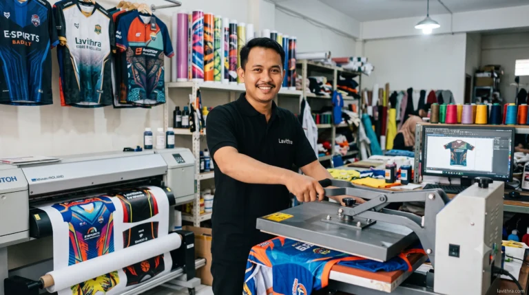 Jasa Jersey Printing Custom Full Sublimasi Terbaik 6 Pria profesional di workshop pakaian olahraga sedang mengoperasikan mesin press panas pada jersey e-sports, dengan printer kain digital besar di latar belakang.