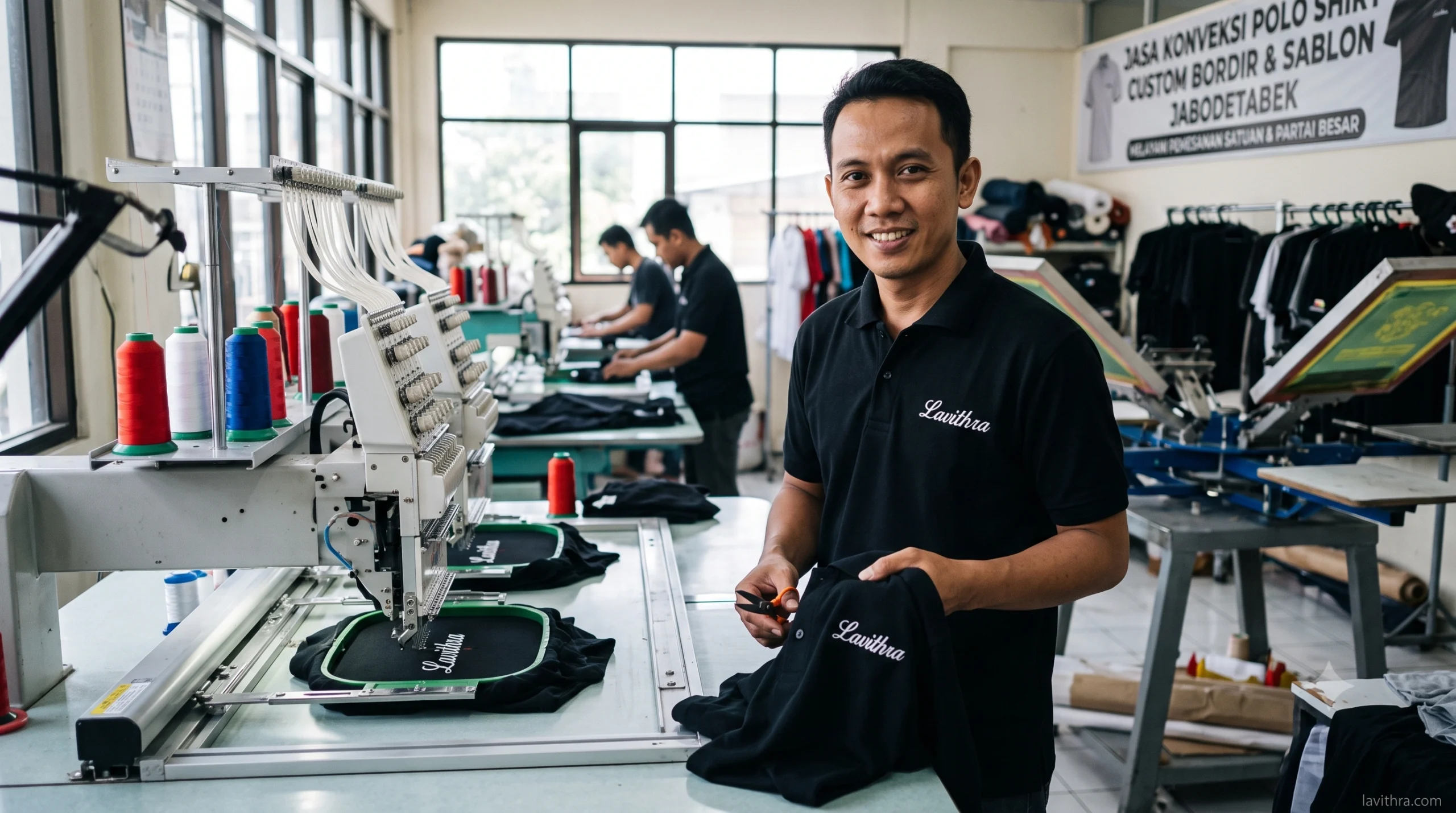 Seorang penjahit sedang mengerjakan pesanan polo shirt custom di bengkel Lavithra. Di latar belakang terlihat mesin bordir komputer dan banner "JASA KONVEKSI POLO SHIRT CUSTOM BORDIR & SABLON JABODETABEK".