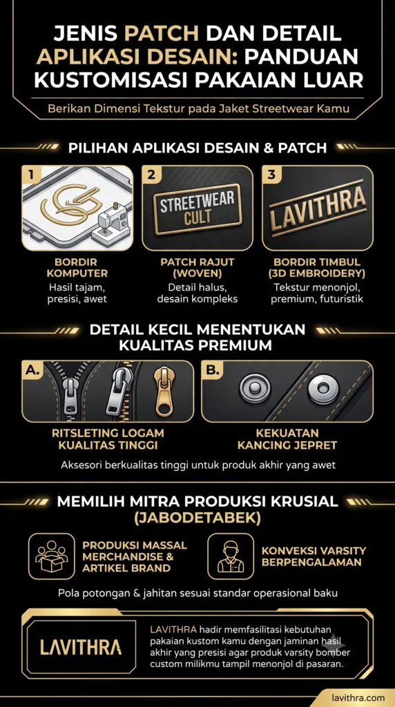 Rekomendasi Konveksi Varsity & Bomber Custom Streetwear 2 Infografis panduan kustomisasi pakaian luar Lavithra yang menampilkan jenis patch (bordir komputer, woven, bordir timbul) dan detail premium (ritsleting logam, kancing jepret).