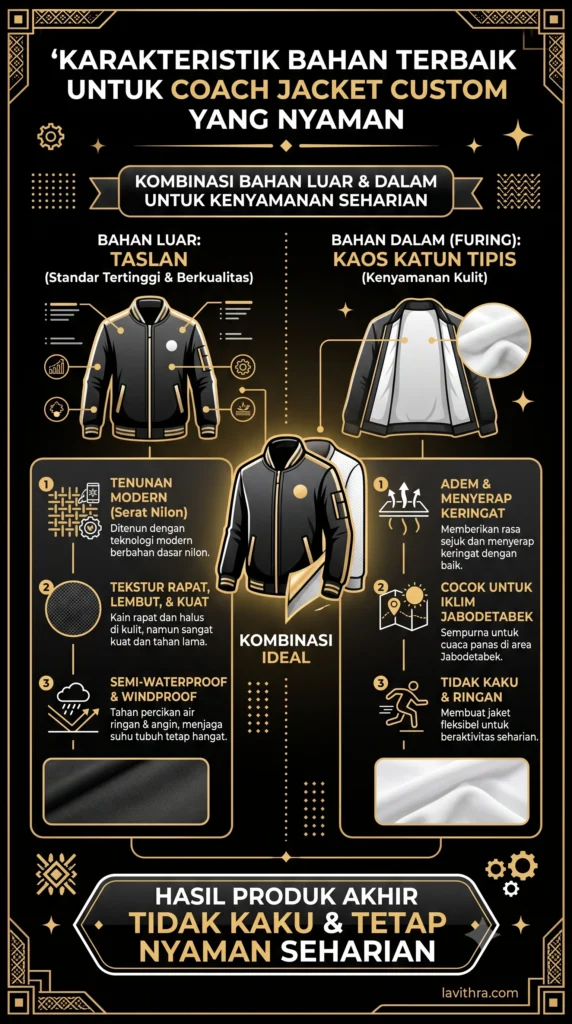 Rekomendasi Coach Jacket Custom Anti Angin Terbaik untuk Brand 2 Infografis edukasi Lavithra berwarna hitam-emas yang menjelaskan keunggulan bahan luar Taslan (kuat, windproof, semi-waterproof) dan bahan dalam kaos katun (adem, menyerap keringat) untuk coach jacket custom. Menampilkan ilustrasi jaket dan ikon-ikon teknis dalam bahasa Indonesia.