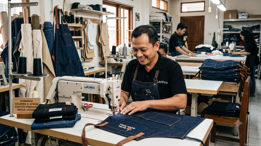 Pengrajin konveksi pria Indonesia mengenakan polo shirt hitam Lavithra sedang menjahit celemek apron custom premium di workshop menggunakan mesin jahit industri.