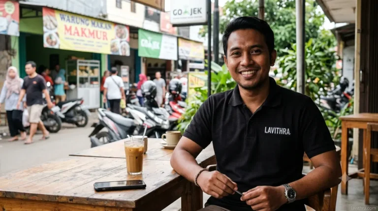 Konveksi Kaos Custom Satuan Bisa Mulai 1 Pcs 10 Seseorang mengenakan polo shirt hitam dengan logo Lavithra di dada kiri, duduk di meja kayu dengan kopi dan handphone.
