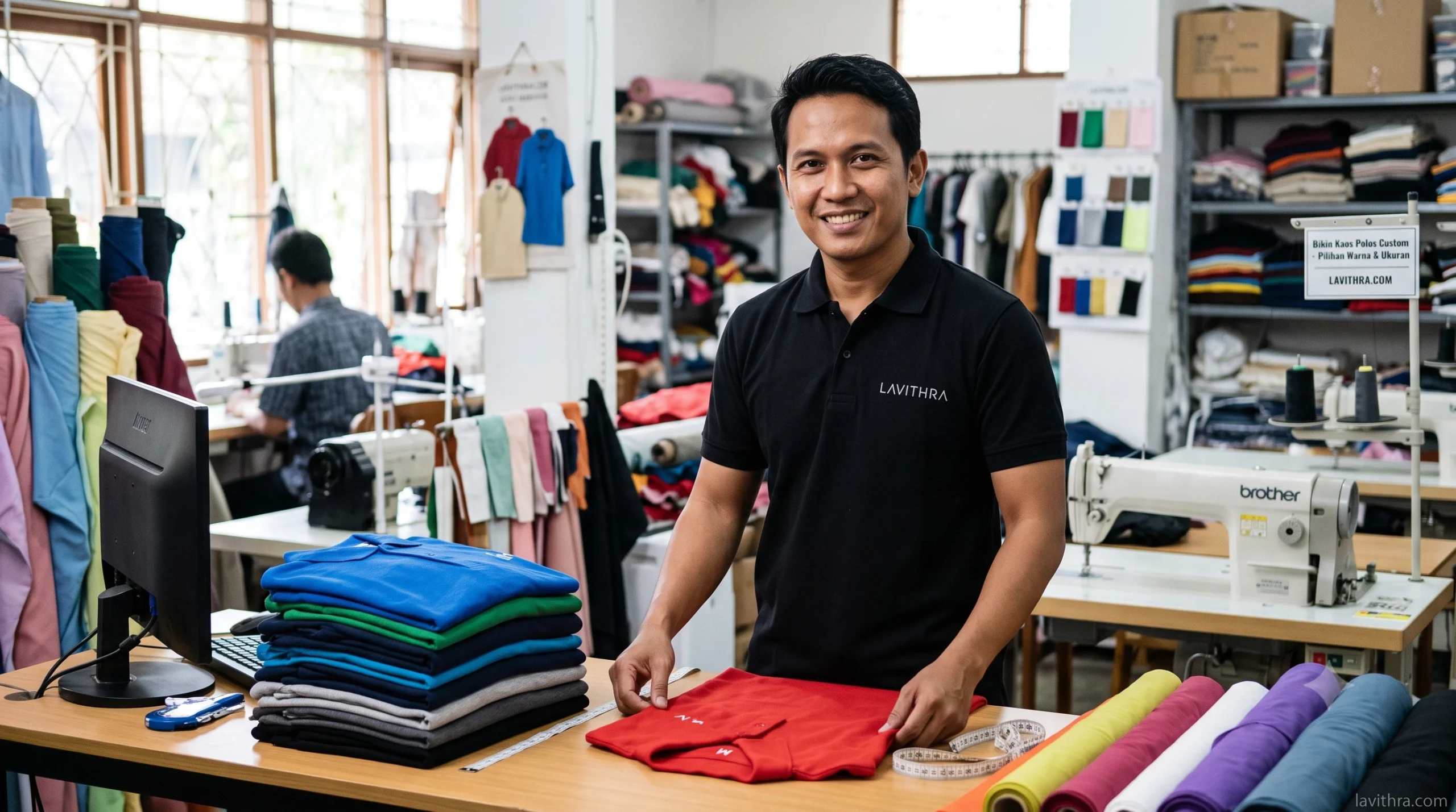 Pria Indonesia mengenakan kaos polo hitam Lavithra di workshop konveksi baju, menampilkan tumpukan kaos polos custom berbagai warna dan ukuran.